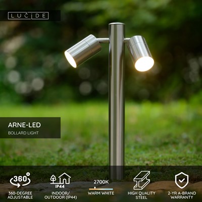 Lucide ARNE-LED - Bollard light - Ø 6,3 cm - LED - GU10 - 2x5W 2700K - IP44 - Satin Chrome